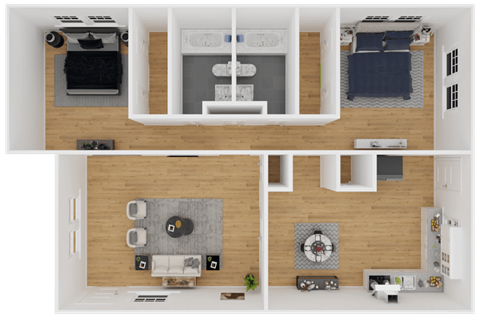 a 3d rendering of the 1 bedroom floor plan of an apartment
